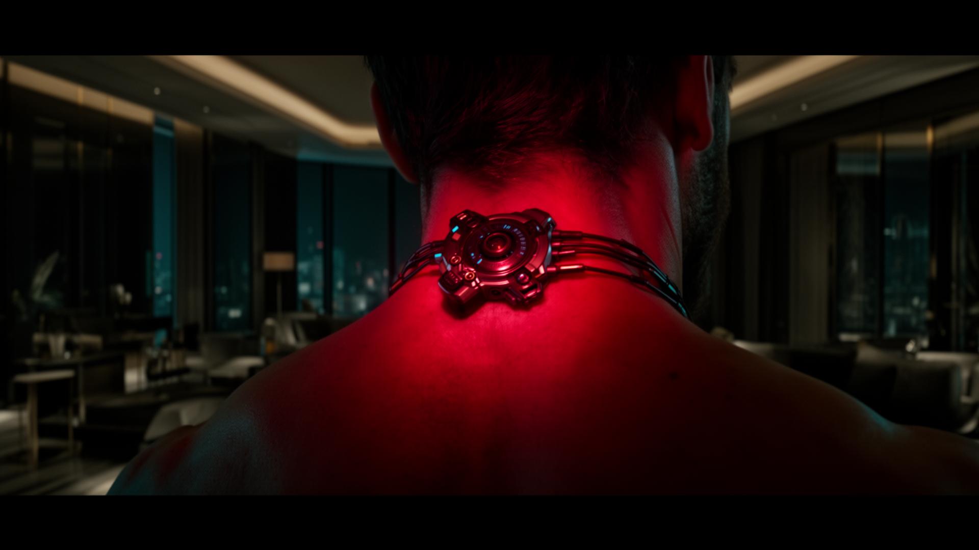 A neural implant glowing crimson beneath skin in a darkened penthouse